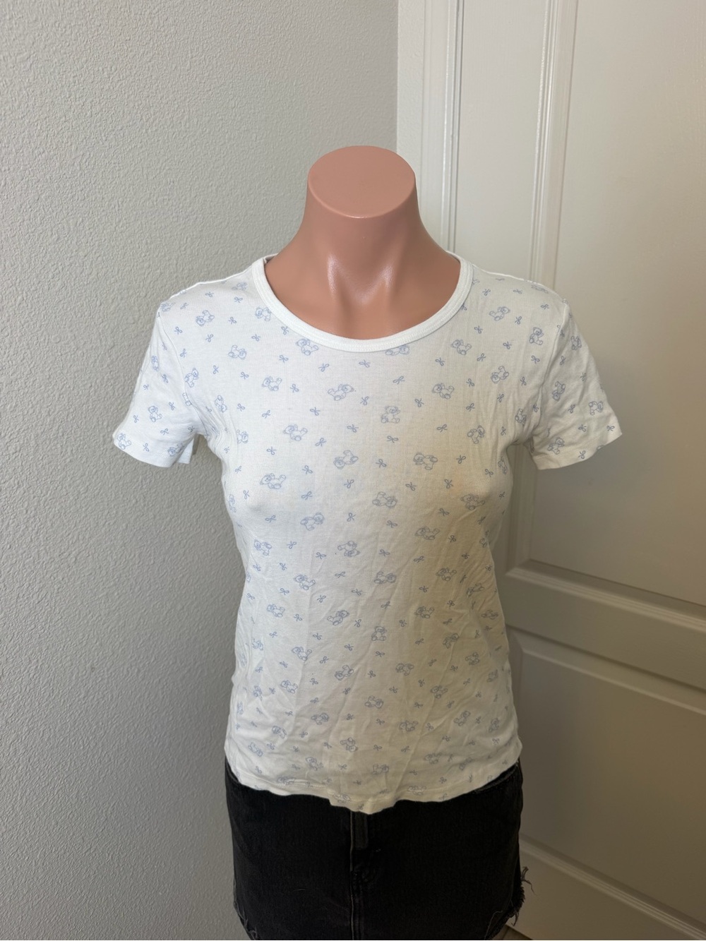 Brandy Melville White Tee with Light Blue Floral Motif